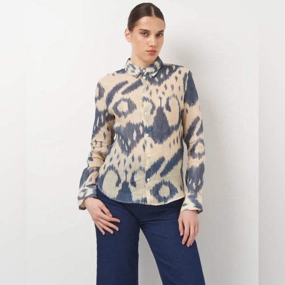 Zara Tops - Zara Beige and Navy Patterned Button Down Shirt